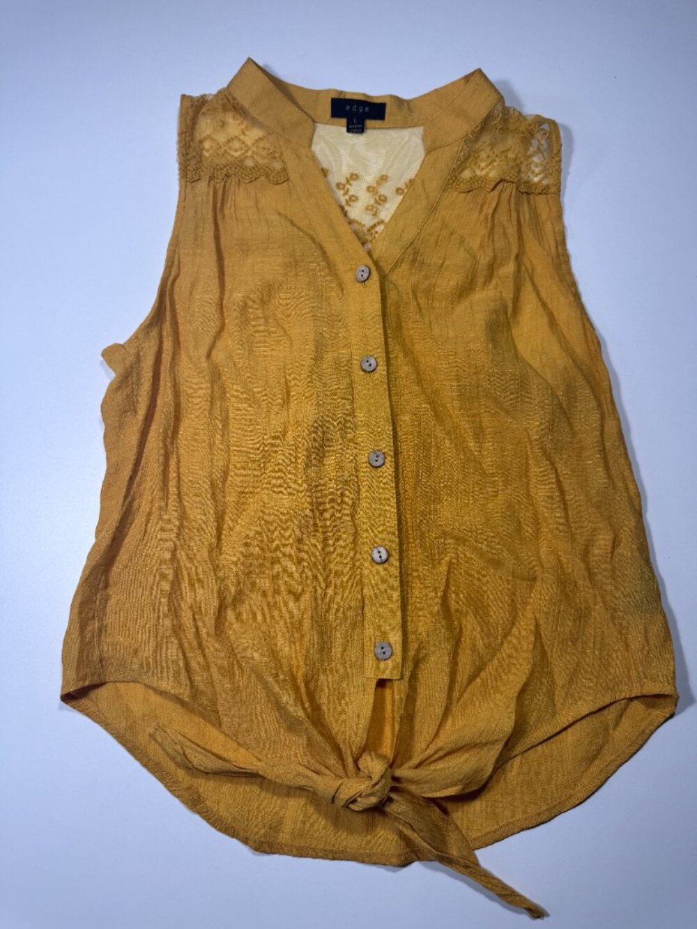 Edge Mustard Boho Lace Tie Front Sleeveless Blouse Top Large - Picture 2 of 11